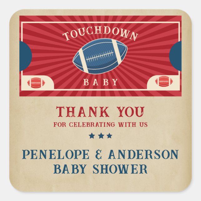 Vintag Football Baby Dusche Begrüßungszeichen Quadratischer Aufkleber (Vorderseite)