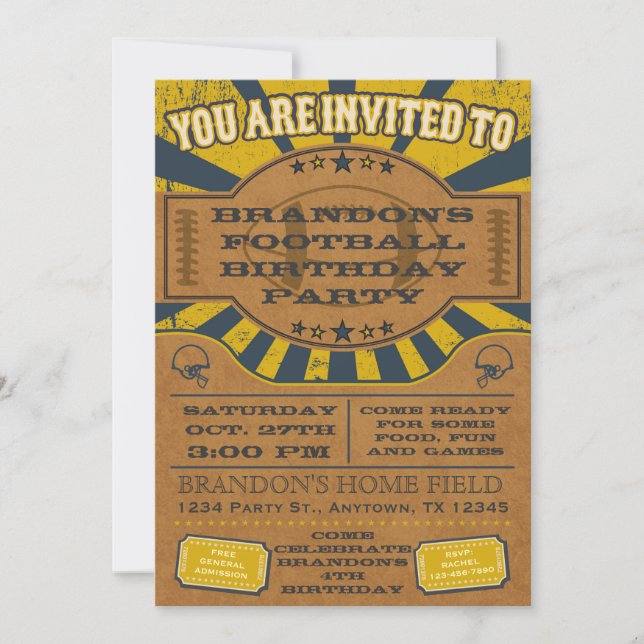 Vintag Football Geburtstagsparty Einladung Gelb (Vorderseite)