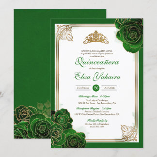 Vintag Forest Green Gold Rose Royal Quinceanera Einladung