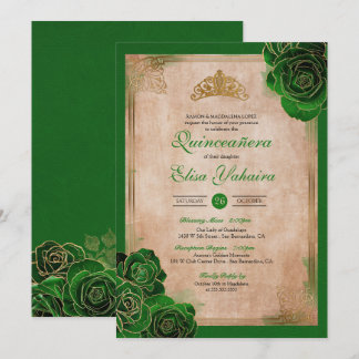 Vintag Forest Green Gold Rose Royal Quinceanera Einladung