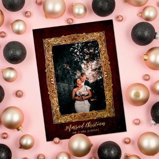 Vintag Frame Verheiratet Weihnachten Burgund Foto Folien Feiertagskarte