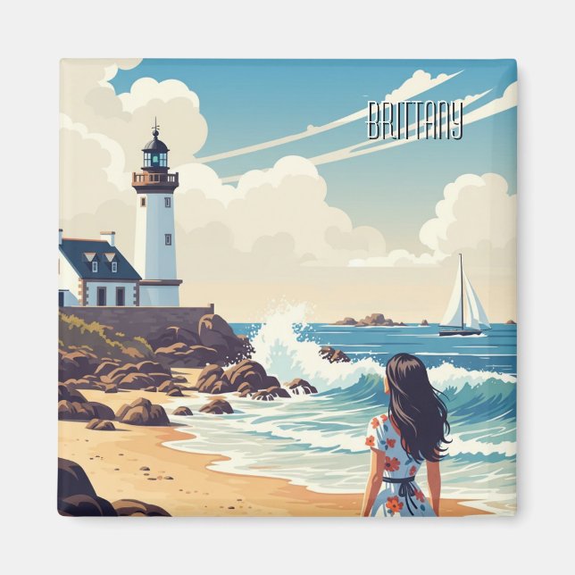Vintag Frankreich Bretagne Beach Lighthouse Postca Magnet (Vorne)