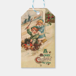 Vintag frohe Weihnachten, Kinder auf Schlitten Geschenkanhänger