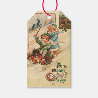 Vintag frohe Weihnachten, Kinder auf Schlittengesc Geschenkanhänger