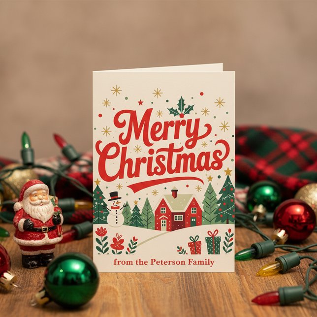 Vintag Frohe Weihnachten Red House Snowman Familie Karte (Von Creator hochgeladen)