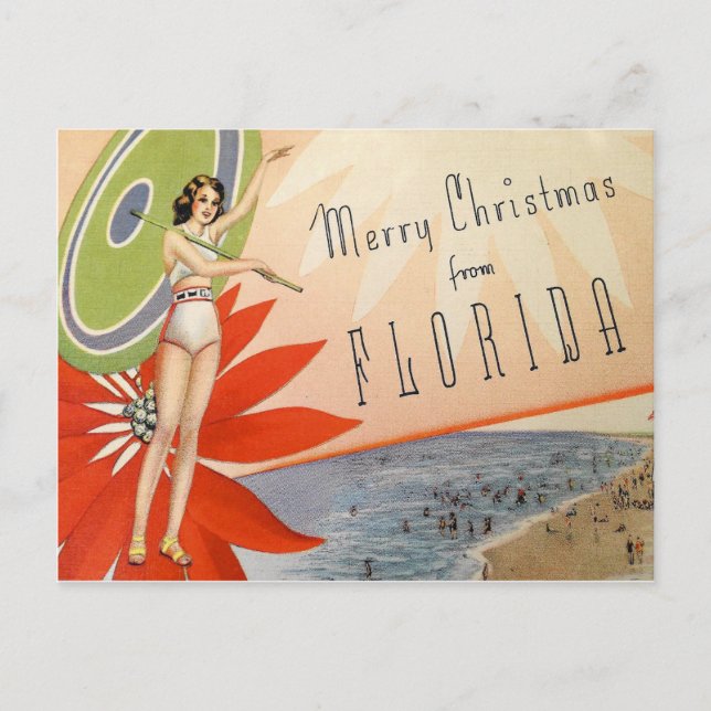Vintag frohe Weihnachten von Florida Strandmädchen Postkarte (Vorderseite)