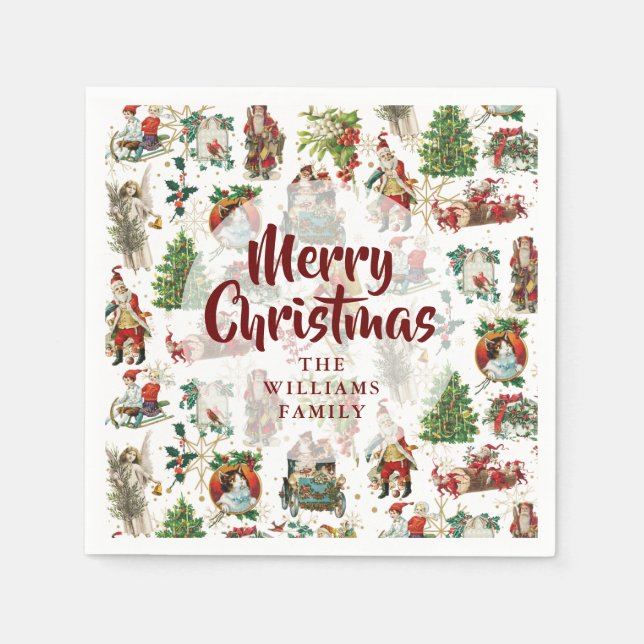 Vintag frohe Weihnachtsfamilie Festlich Serviette (Vorderseite)