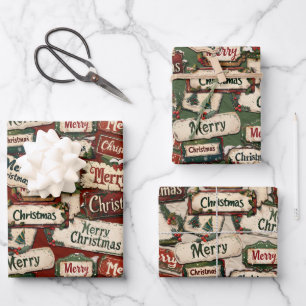 Vintag frohe Weihnachtsschattierungen und -zeichen Geschenkpapier Set