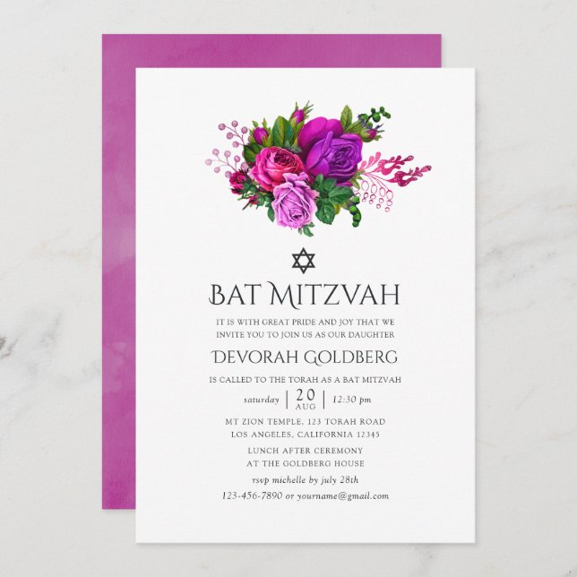Vintag Fuchsia Shabby Floral Bat Mitzvah Einladung (Vorne/Hinten)