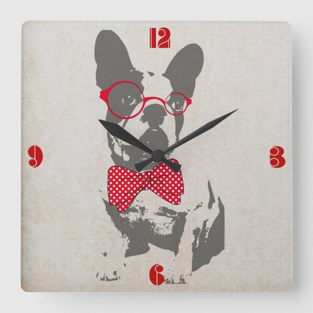Vintag Funny French Bulldog Quadratische Wanduhr (Vorderseite)