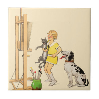 Vintag Funny Girl, Dog Cat Print Georges Redon Fliese