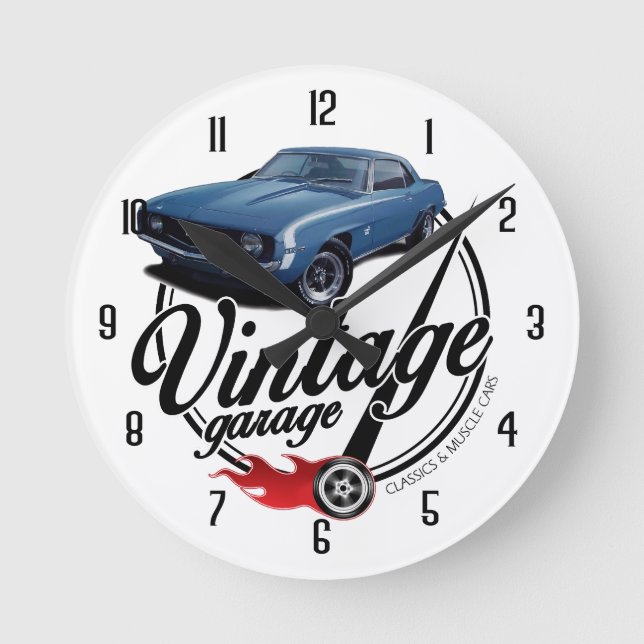 Vintag Garage Camaro Runde Wanduhr (Vorderseite)