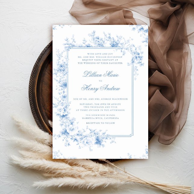 Vintag Garden Bezaubernd Blauer Toile Feierliche H Einladung (vintage garden wedding invitation chateau blue toile floral old money formal traditional classic)