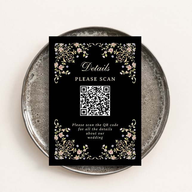 Vintag Garden Black | Hochzeitdetails und QR-Code Begleitkarte (Von Creator hochgeladen)