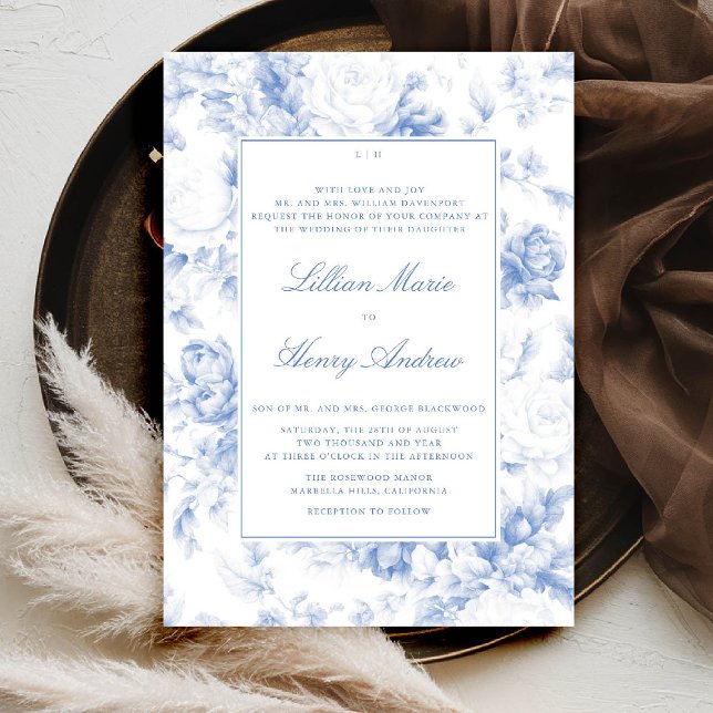Vintag Garden Blue Toile Moderne klassische Hochze Einladung (vintage garden wedding invitation blue toile french floral botanical old money formal traditional)