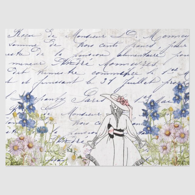Vintag Garden Blume Lady Französisch Script Decoup Seidenpapier (Vorderseite)