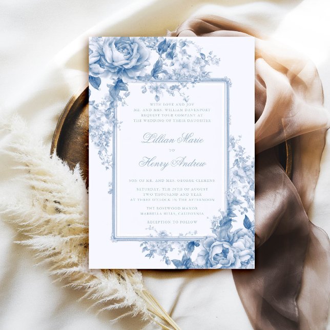Vintag Garden Etwas Blue Toile Hochzeit Einladung (vintage garden wedding invitation chateau something blue toile floral old money formal classic)