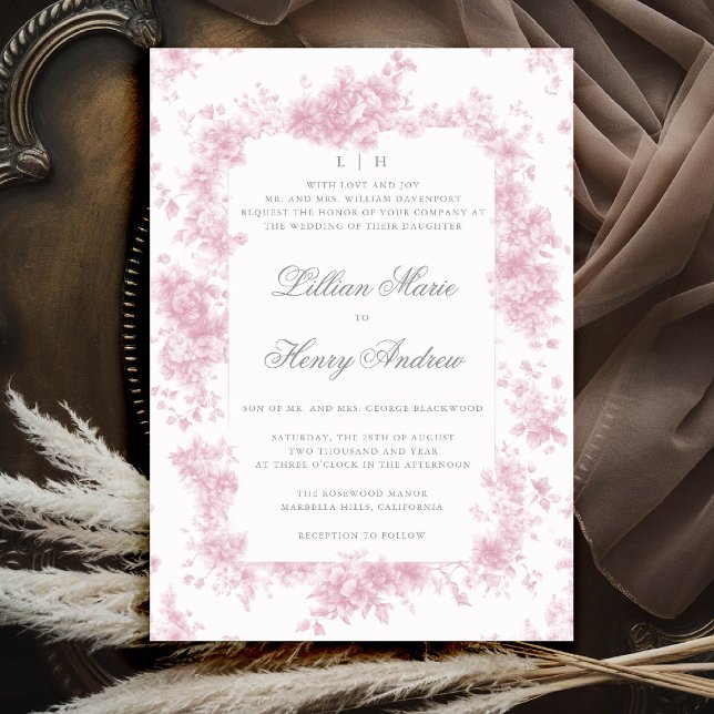 Vintag Garden Pink Toile Französische Blumenhochze Einladung (vintage garden wedding invitation pink toile french roses floral botanical old money elegant formal)
