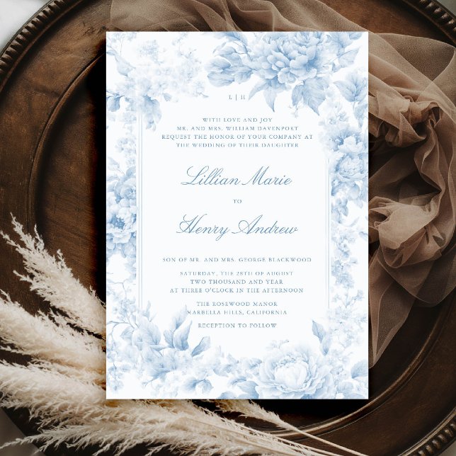 Vintag Garden Romantische Blauer Toile Klassische  Einladung (vintage garden wedding invitation blue toile french floral romantic old money formal traditional)