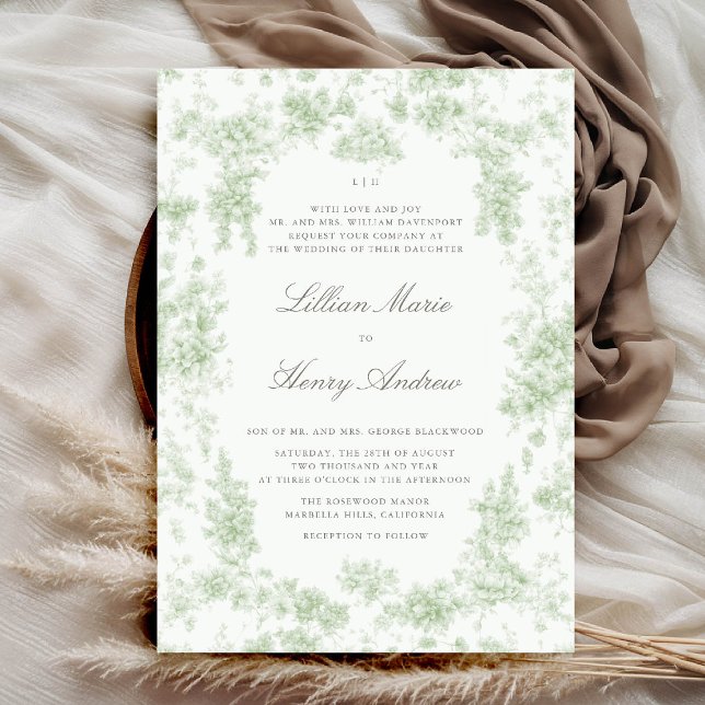Vintag Garden Toile Sage Green Classic Hochzeit Einladung (vintage garden wedding invitation chateau sage green toile floral romantic old money formal classic)
