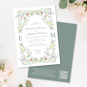 Vintag Garden Watercolor Monogram QR Code Wedding Einladung