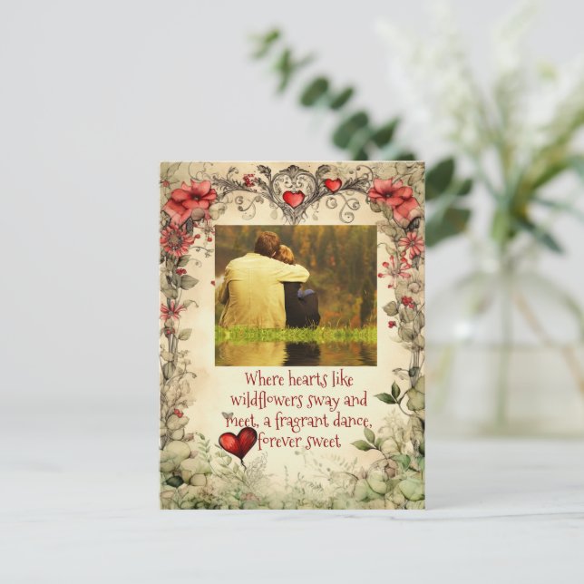VINTAG GARTENHERZ MIT FOTO, SCHNELLER LIEBE QUOTE POSTKARTE (Stehend Vorderseite)