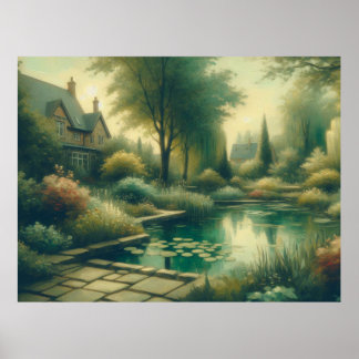 Vintag Gartenteich Grüne Pflanze Poster