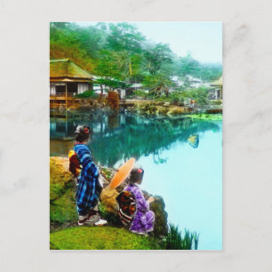 Vintag Geisha by Pond im Hikone Park Japanisch Postkarte