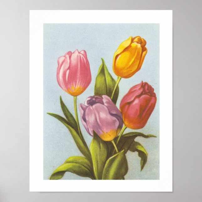 Vintag Gelb, Rosa und Lila Tulpen Poster (Vorne)