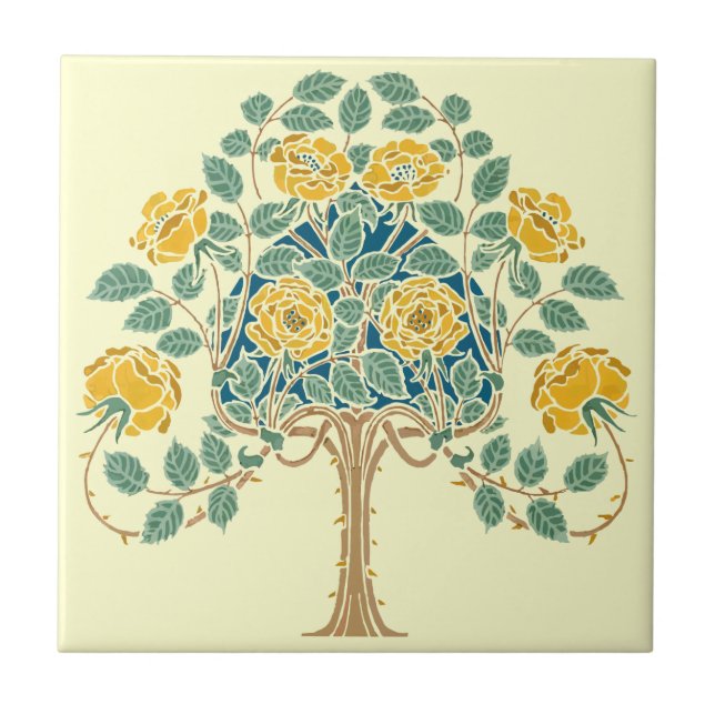 Vintag-Gelb-Rose Bush 1909 Kunsthandwerk Fliese (Vorderseite)
