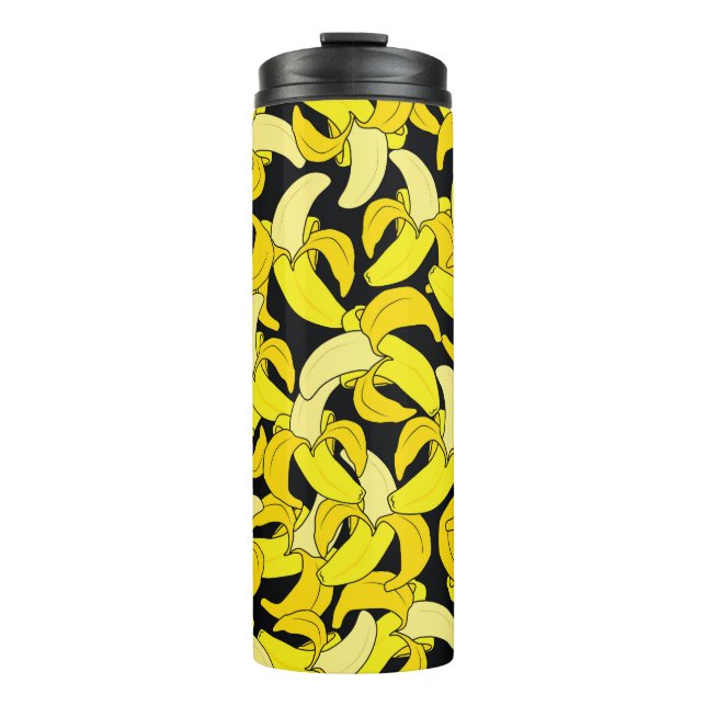 Vintag Gelbe Bananen: Schwarzer Hintergrund Thermosbecher (Vorderseite)