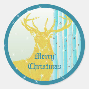 Vintag Gelbe Hirsche Aqua Birch Tree Schneeflocke Runder Aufkleber
