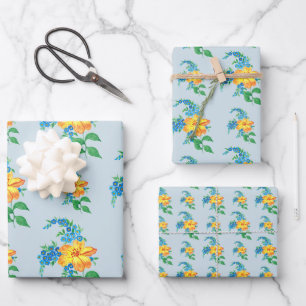 Vintag Gelbe Orange Blume Floral Baby Blue Flat Geschenkpapier Set