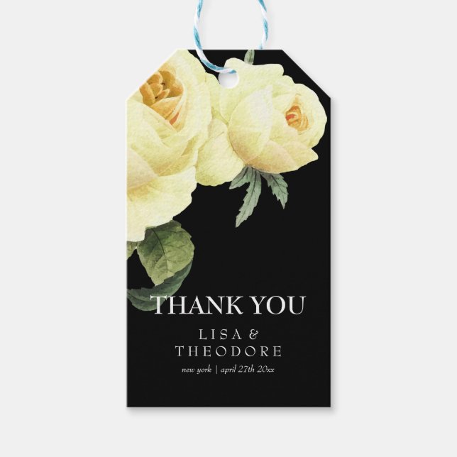 Vintag Gelbe Rose und Schwarz Danke Hochzeit Geschenkanhänger (Vorderseite)