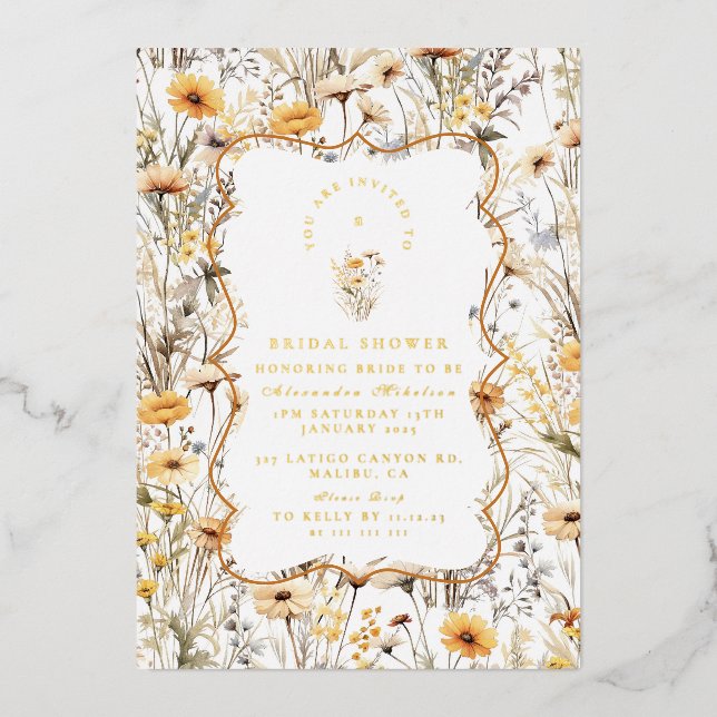 Vintag Gelbe Wildblumen Brautparty Folieneinladung (Vorderseite)