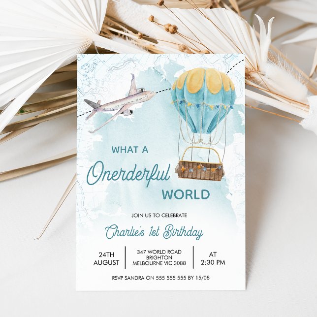 Vintag-gelbes Gelbtuch Welt 1. Geburtstag Einladung (What A Onederful World 1st Birthday Invitation Boy, Hot Air Balloon Plane Wonderful World First)