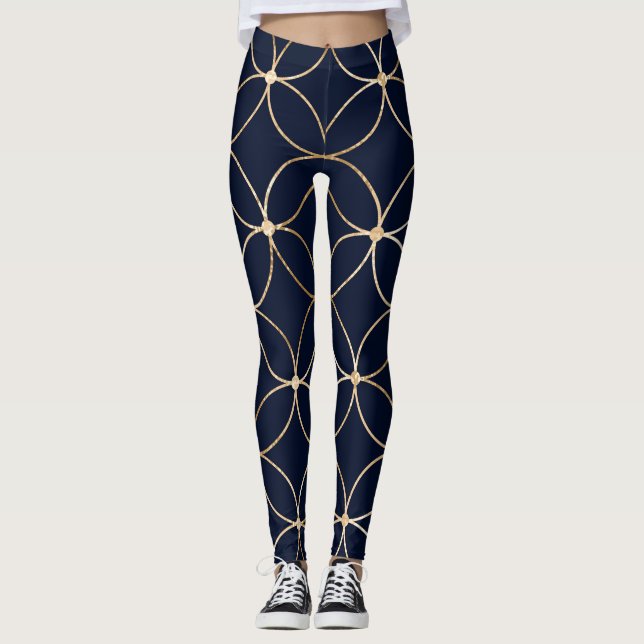 Vintag Geometrie: Gold Blue Abstrakt Leggings (Vorderseite)