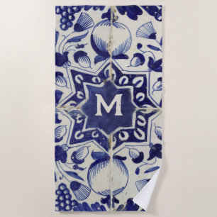 Vintag geometrische blaue Tile Mit Monogramm Strandtuch