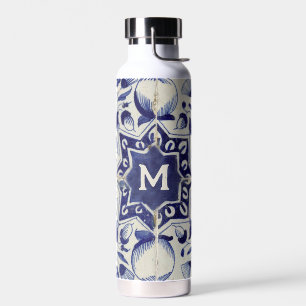 Vintag geometrische blaue Tile Mit Monogramm Trinkflasche