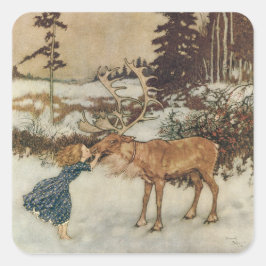 Vintag Gerda und Reindeer von Edmund Dulac Quadratischer Aufkleber