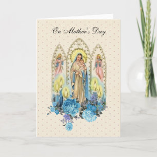 Vintag gesegnete Jungfrau Mary Jesus Blue Floral Karte