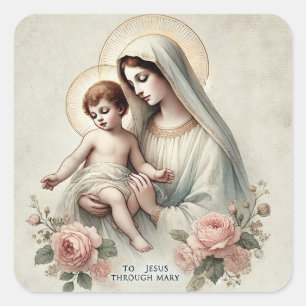 Vintag gesegnete Mutter Maria und Kind Jesus Quadratischer Aufkleber
