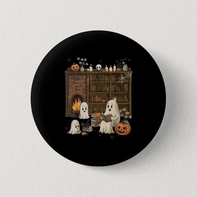 Vintag Ghost Reading Book Lovers Library Hallowee Button (Vorderseite)