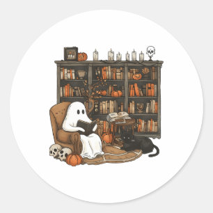 Vintag Ghost Reading Book Lovers Library Hallowee Runder Aufkleber