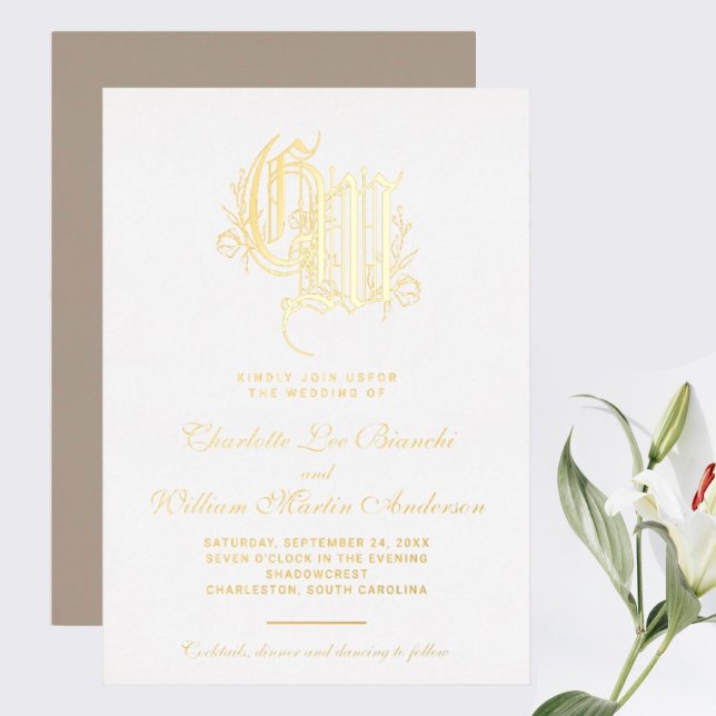 Vintag Gilded Monogram Wedding Folieneinladung (I wish you happiness!!!)