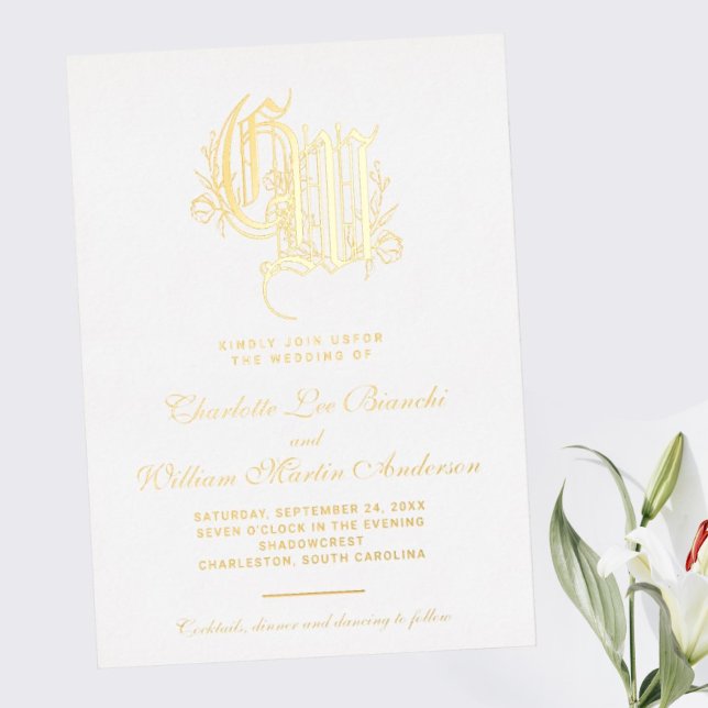 Vintag Gilded Monogram Wedding Folieneinladung (I wish you happiness))))