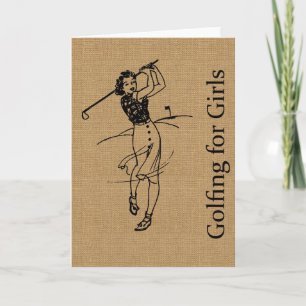 Vintag Girl Golfer auf Imitaten Burlap Decorative Karte