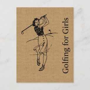 Vintag Girl Golfer auf Imitaten Burlap Decorative Postkarte