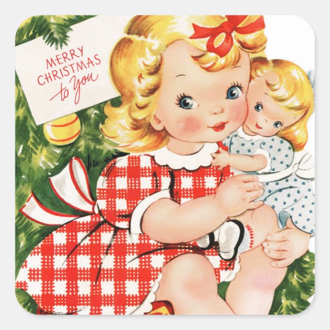 Vintag Girl Hugging Doll Quadratischer Aufkleber (Vorderseite)