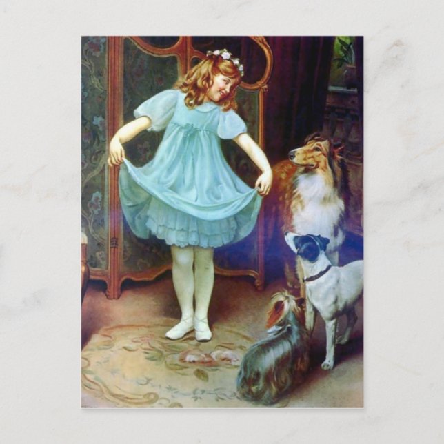 Vintag Girl New Dress Collie Heimtiere Postkarte (Vorderseite)